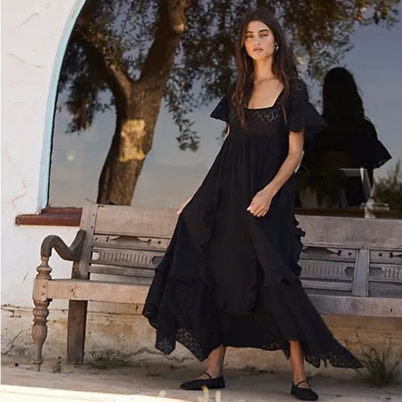 NWOT Free People Bring The Romance Black Lace Ruffle Babydoll Midi Dress size XS - Picture 4 of 12